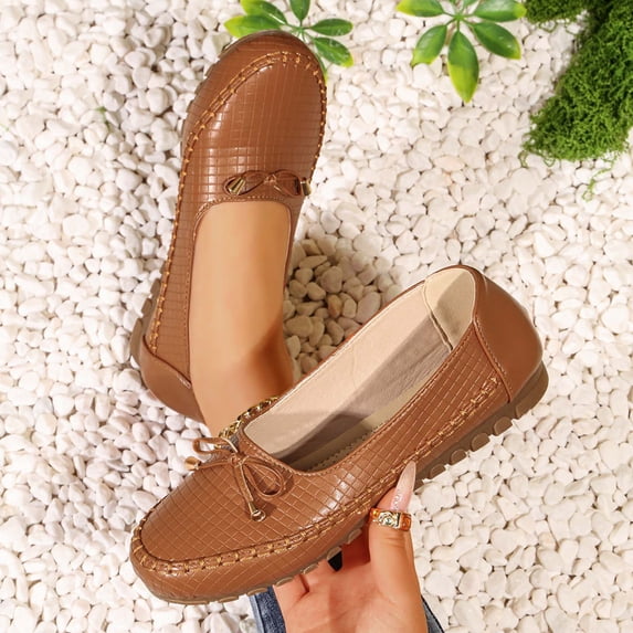 WHLBF Womens Shoes Round Toe Casual Plus Size Loafers Solid Color Bow Closed Toe Flat Soft Sole Size 7