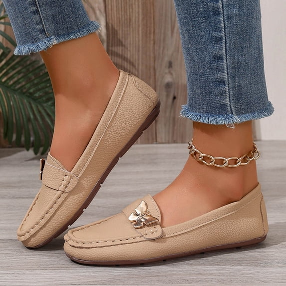 WHLBF Womens Shoes Round-Toe Low-Heeled Shoes Casual Plus Size Trendy Soft-Soled Loafers Size 6