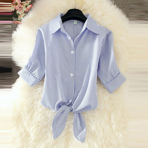 WHLBF Womens Summer Tops Fashion Casual Turn-down Collar Short Sleeve Shirt Ladeis Button Tops