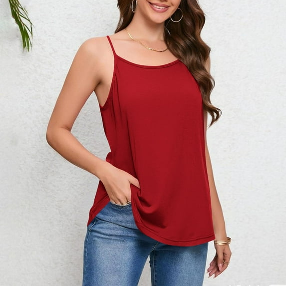 WHLBF Womens Tank Tops Plus Size Sleeveless Casual Solid Color Round-Neck Summer Camisole Wine 4XL
