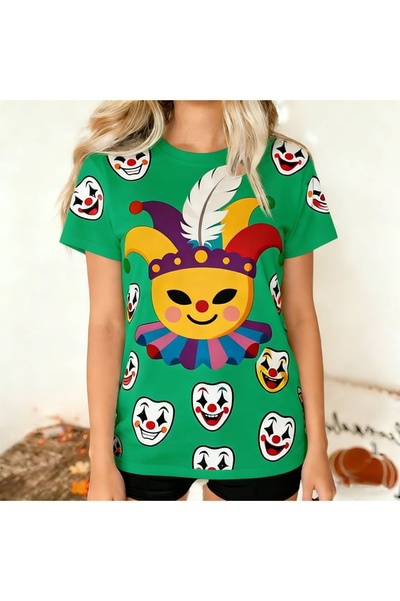 Womens Tops Carnival Short-Sleeve Clown Print Crew Neck Shirt Green S
