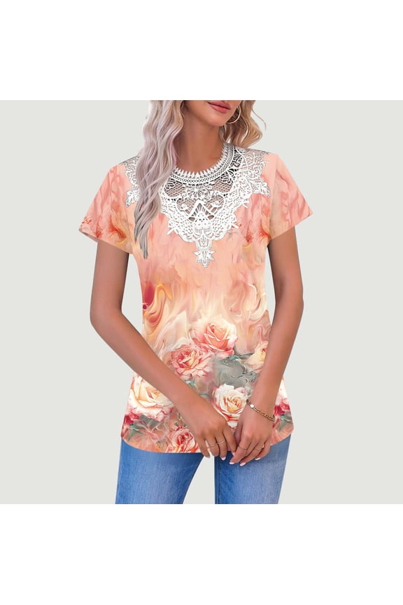 Womens Tops Lace V Neck Short Sleeves Printed Blouse Multicolor S