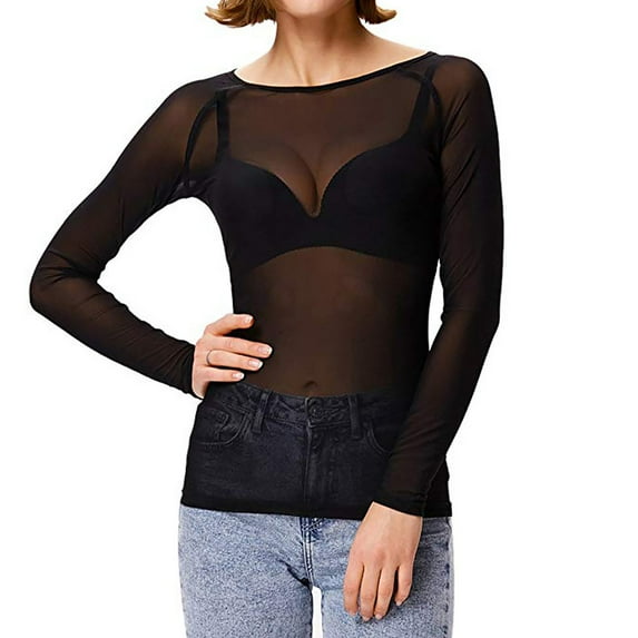 WHLBF Womens Tops Long Sleeve Women See-Through Long Sleeve Seamless Arm Shaper Top Mesh Shirt Blouse Rollbacks Black 8(S)