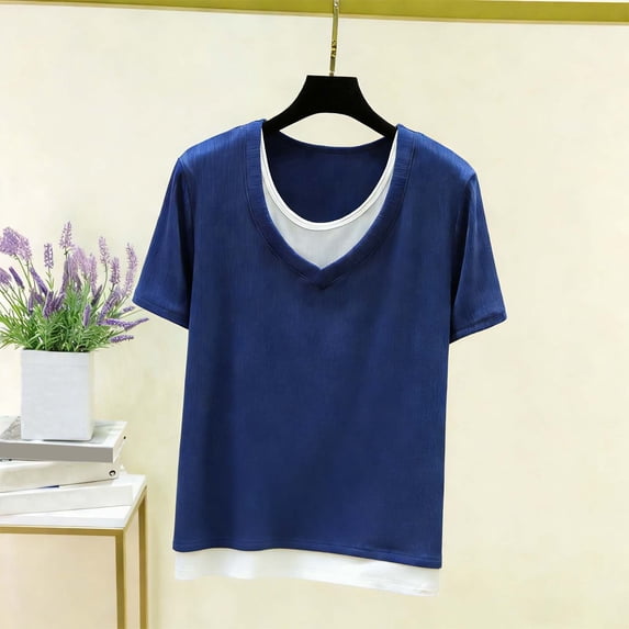 WHLBF Womens Tops Short Sleeve Round-Neck Summer Solid Regular Tops Navy L