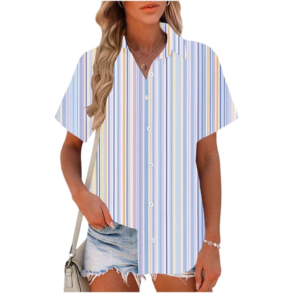 WHLBF Womens Tops Short Sleeve Summer Printing Flax Plaid Flared Hem Button-Up Shirt Blue L