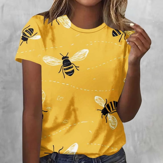 WHLBF Womens Tops Short Sleeved Honeybee Festival Casual Printed Round Neck T-shirt Yellow L