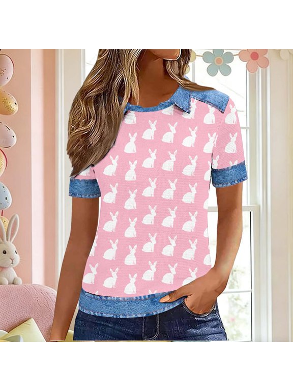 Womens Tos Easter Egg Printed Fold-Down Collar Round Neck Casual Blouse Pink XL