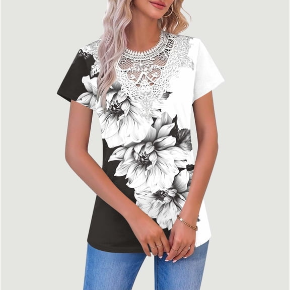 WHLBF Womens Tos Lace V Neck Short Sleeves Printed Blouse Multicolor XL
