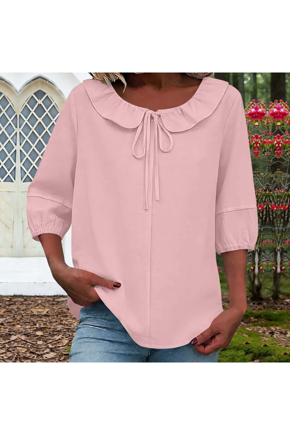 Womens Tos Peter Pan Collar Ruffle Puff Sleeve Drawstring Solid Color Blouse Pink XXL
