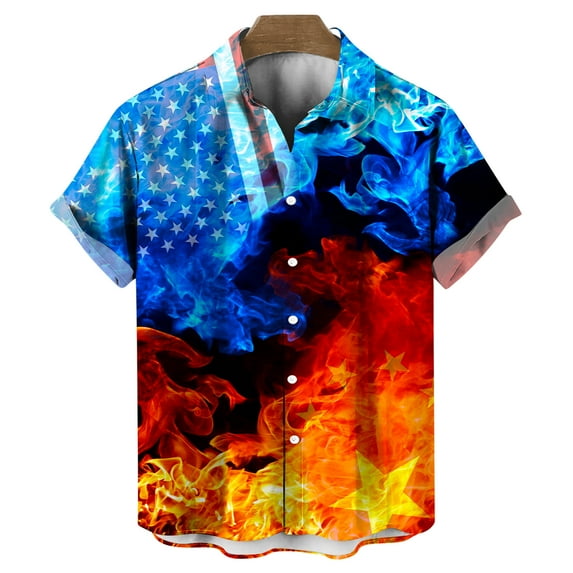 WHNBCW Funny Fire Printed Hawaiian Shirt Colorful Flame Graphic Short Sleeved Button Down Shirt