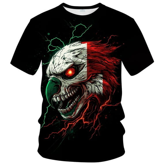 WHNBCW Men's Patriotic Skull T-Shirt – American Flag & Lightning Graphic Tee – 3D Demon Skull Design for Casual, Festivals, and Biker Style