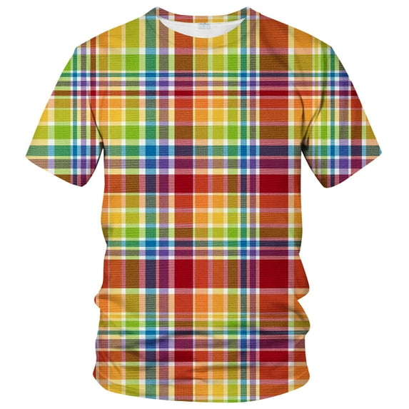 WHNBCW Novelty Men's Plaid T Shirt Funny Rainbow Checkered Graphic Tee Shirt