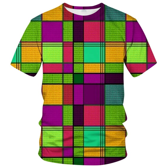 WHNBCW Novelty Men's Plaid T Shirt Funny Rainbow Checkered Graphic Tee Shirt