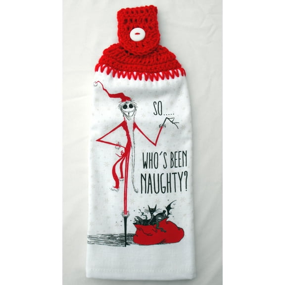 WHO'S BEEN NAUGHTY? - DOUBLE/FULL HANDMADE CROCHET TOP HANGING KITCHEN TOWEL