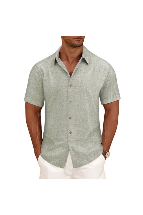 Linen Blend Shirts for Men Casual Short Sleeve Button Down Shirt Cool Summer Beach Wedding Vacation Tops