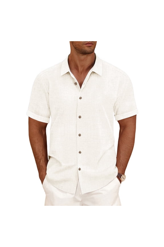 Linen Blend Shirts for Men Casual Short Sleeve Button Down Shirt Cool Summer Beach Wedding Vacation Tops