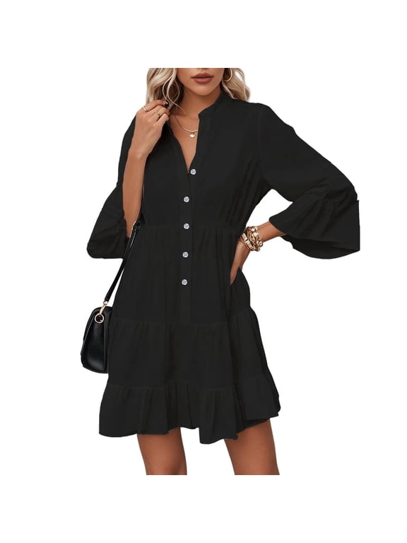 Summer Dresses for Women 2026 Flowy Ruffle 3/4 Sleeve V Neck Tiered Casual Babydoll Boho Beach Mini Dress