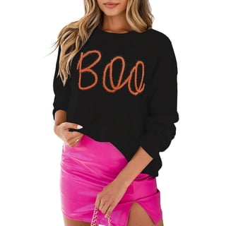 Whoinshop Women Casual Halloween Sweaters Long Sleeve Round Neck Boo Sweater Tops Holiday Sweaters