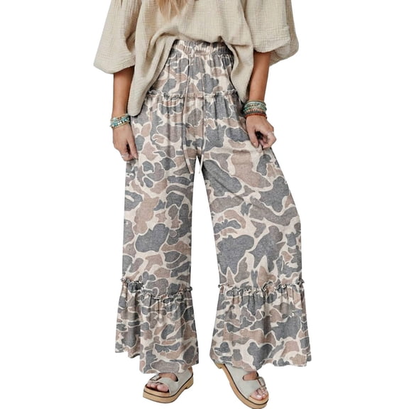 WHOINSHOP Women Camo Print Wide Leg Pants Elastic Waist Drawstring Casual Loose Fit Full Length Trousers Comfortable Stretch Lounge Pants for Daily Wear Multicolor L