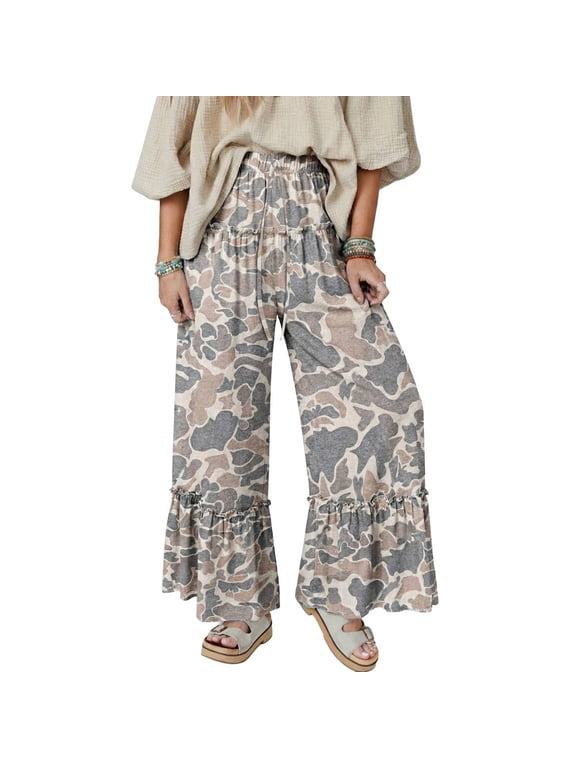 Women Camo Print Wide Leg Pants Elastic Waist Drawstring Casual Loose Fit Full Length Trousers Comfortable Stretch Lounge Pants for Daily Wear Multicolor XL