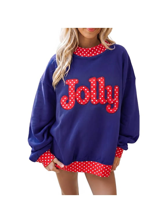 Women Holiday Colorblock Sweatshirt Polka Dot Mock Neck Long Sleeve Oversized Pullover with Contrast Trim Fall Outfits Dirty Blue XL