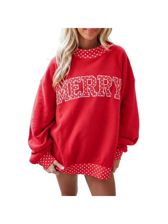 Women Holiday Colorblock Sweatshirt Polka Dot Mock Neck Long Sleeve Oversized Pullover with Contrast Trim Fall Outfits Red L