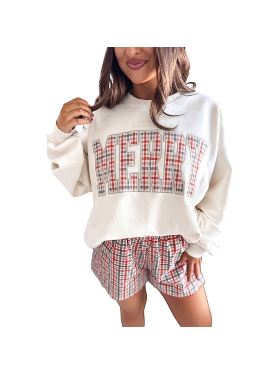 Women Merry Holiday Matching Set Long Sleeve Top and Shorts Set Christmas Lounge Set for Xmas Festive Parties & Cozy Days Coord Set Pink Merry M