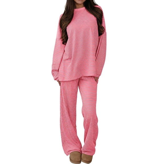 WHOINSHOP Women Striped Crewneck Long Sleeve Top Wide Leg Pants Sets 2 Piece Set Colorblock Contrast Trim Casual Lounge Outfit Pajama Sets with Side Pockets Pink Stripe M