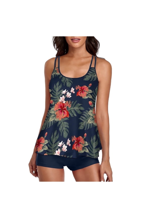 Women Two Piece Tankini Swimsuit Tummy Control Plus Size Long Torso Top and High Waisted Boyshorts Bathing Suits