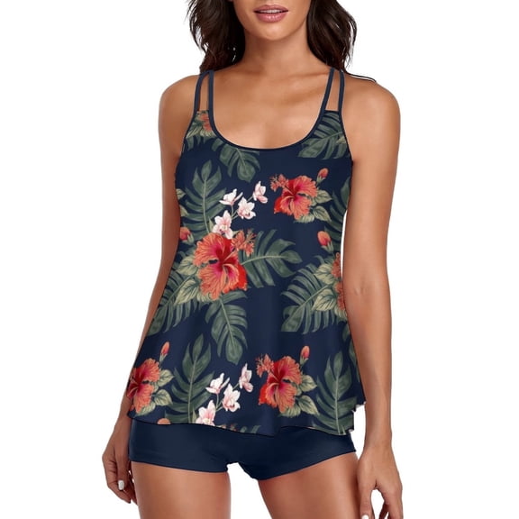 Whoinshop Women Two Piece Tankini Swimsuit Tummy Control Plus Size Long Torso Top and High Waisted Boyshorts Bathing Suits
