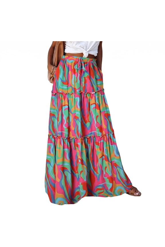 Womens Boho Maxi Skirt 2026 Summer Cruise Casual High Waist Tie Flowy Long Skirt with Pockets For Beach Vacation