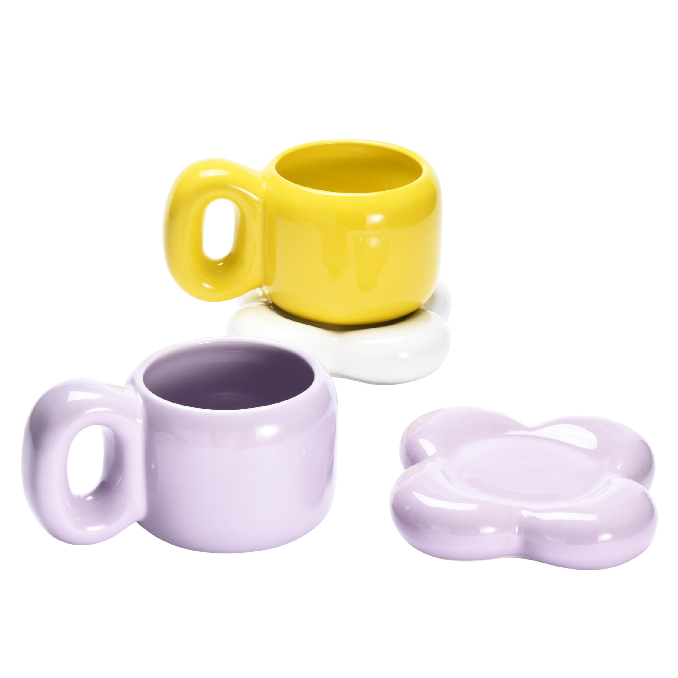 Chubby Cloud Ceramic Coffee Mug Set with Saucer - Yellow and Purple