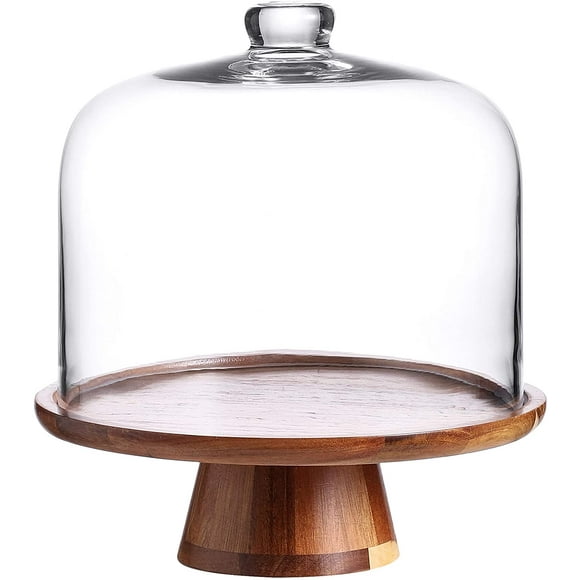 WHOLE HOUSEWARES Flat Round Wood Cake Stand with Tall Dome Lid | Cake Plate for Kitchen, Parties, and Baking Gifts | Clear Glass Cover | Cake Stands with Lid and Dome