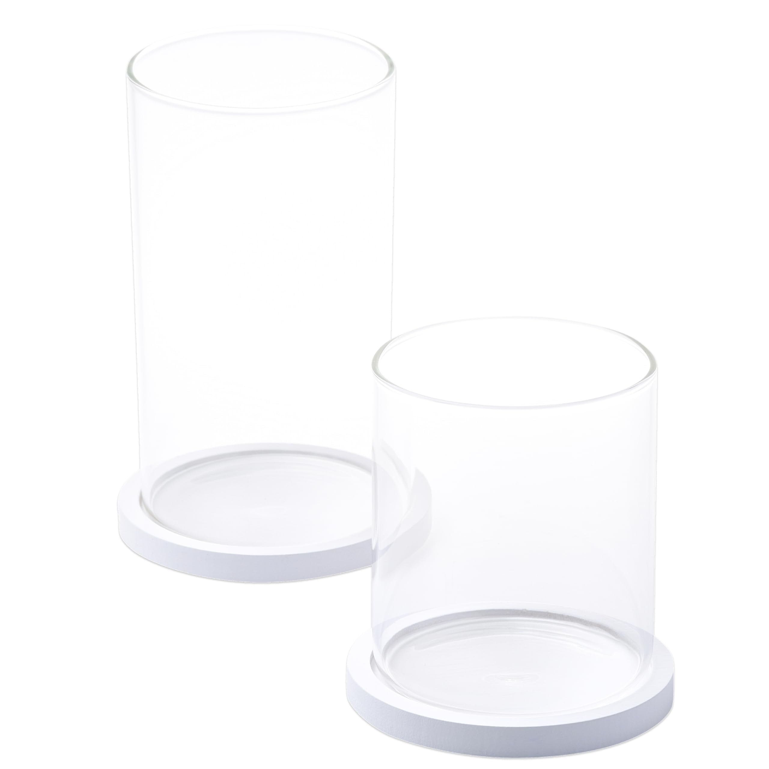 White Glass Hurricane Candle Holders with Wooden Base, Set of 2