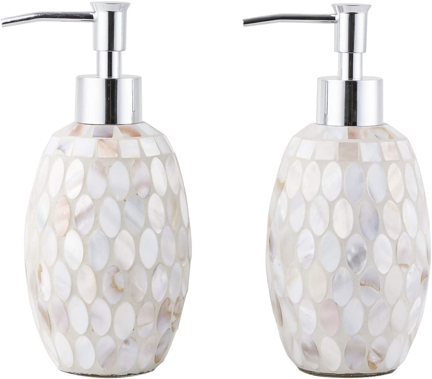 WHOLE HOUSEWARES | Glass Mosaic Hand Soap Dispenser for Bathroom | Lotion Bottle for Kitchen, Bathroom with Chrome Plated Plastic Pump |14 Ounce Set of 2 (Turquoise)