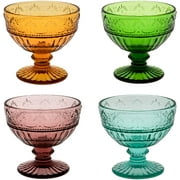 WHOLE HOUSEWARES Vintage Glass Dessert Bowls - Set of 4 Solid Multi-Color Trifle/Fruit/Salad/Sundae Glass Ice Cream Bowls and Dishes with Pressed Pattern.