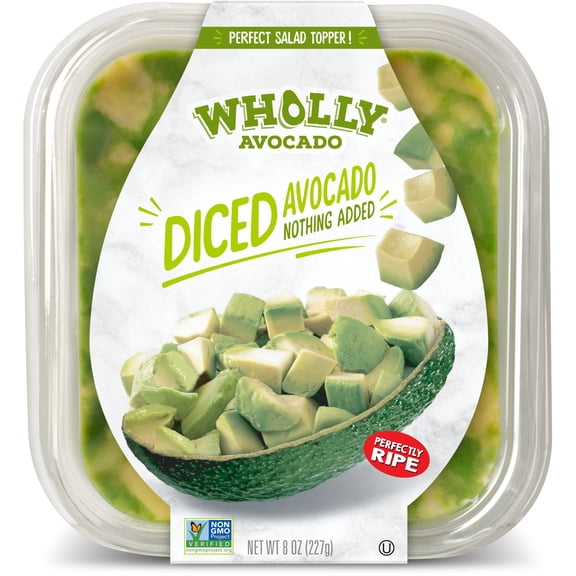 WHOLLY AVOCADO Perfectly Ripe Diced Fresh Hass Avocado Chunks, Vegan, Kosher, Gluten-free, Non-GMO, 8 oz Plastic Tray