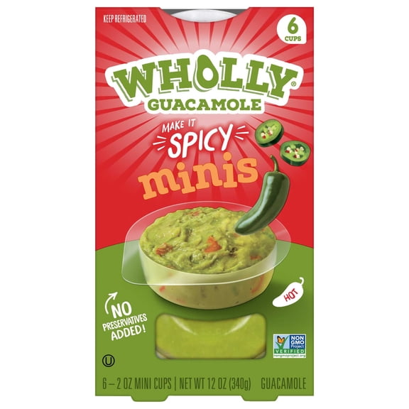 WHOLLY GUACAMOLE Spicy Minis, Refrigerated, 2 oz Plastic Cup (6 Pack)