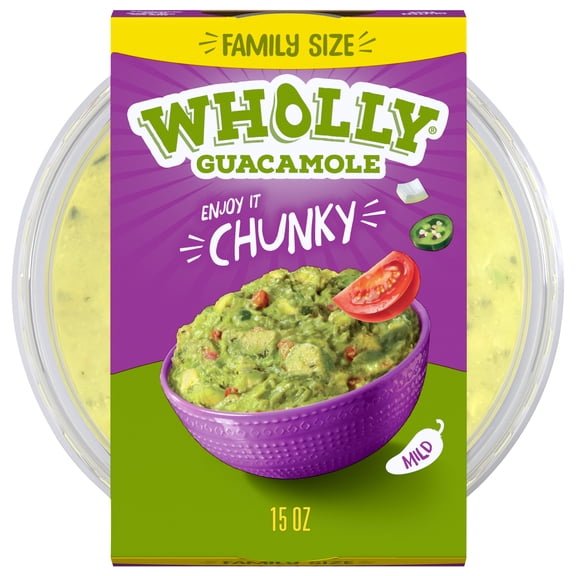 WHOLLY GUACAMOLE Chunky Mild, Family Size, Refrigerated, 15 oz Plastic Tub