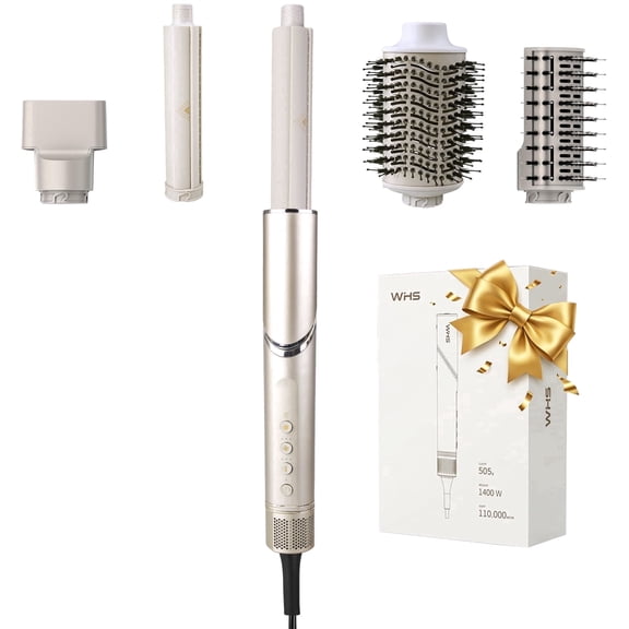 WHS 5 in 1 Air Styling & Drying System, 110000 RPM Brushless Motor, Hair Dryer Brush & Multi-Styler, Auto-Wrap Curlers, Ionic Frizz Control, Paddle Brush, Oval Brush, Concentrator (Gold)