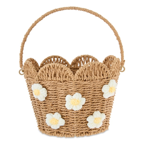 Flower Paper Basket, White and Brown, 9" x 7", Easter by Way To Celebrate