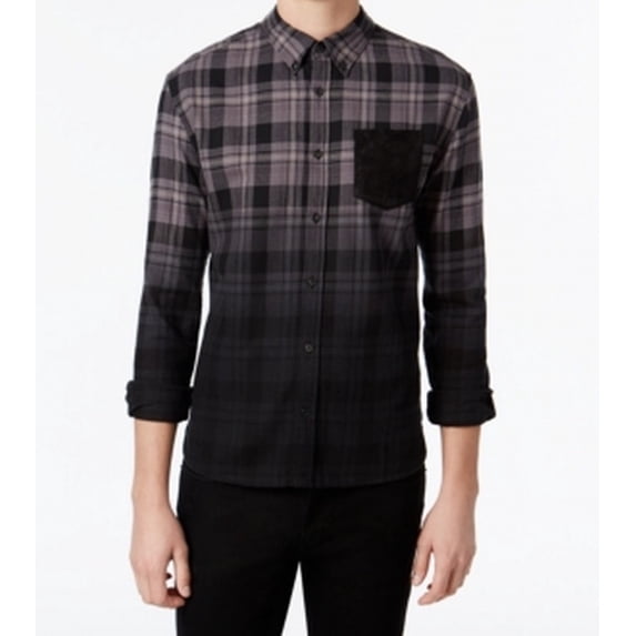 WHT SPACE Mens Ombre Plaid Button Up Shirt, Black, Medium