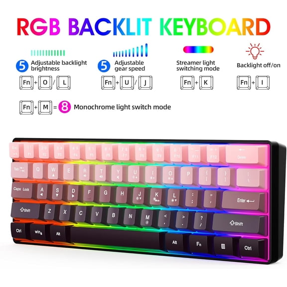 WHUIJU-60% Wired Gaming Keyboard, Pink-Black