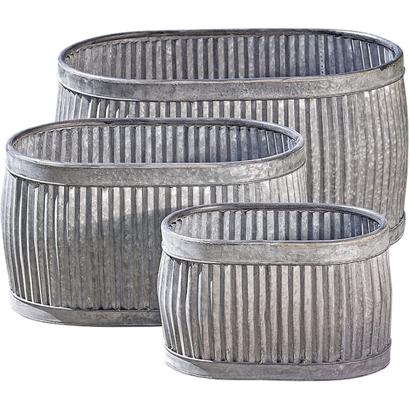 WHW French Country Style Oval Belly Planters, Set of 3, Gray, Galvanized Metal, Corrugated Cache Pots, 24.5, 20 and 14.5 inches