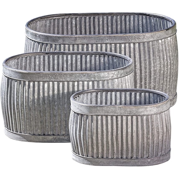 WHW French Country Style Oval Belly Planters, Set of 3, Gray, Galvanized Metal, Corrugated Cache Pots, 24.5, 20 and 14.5 inches