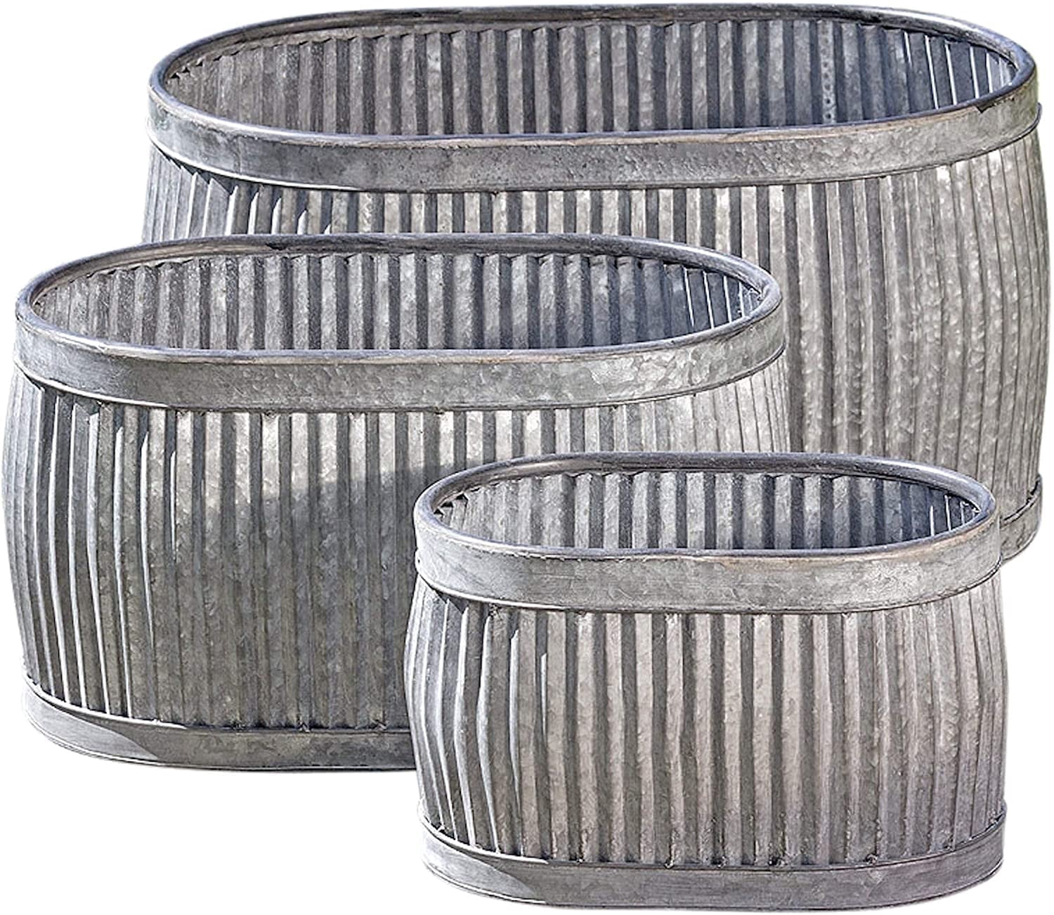 WHW French Country Style Oval Belly Planters, Set of 3, Gray, Galvanized Metal, Corrugated Cache Pots, 24.5, 20 and 14.5 inches