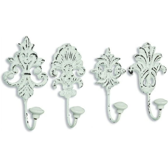 WHW French Country, Wall Hooks, Set of 4, Shabby, Rustic White, Cast Iron, Porcelain Caps, 6 inches