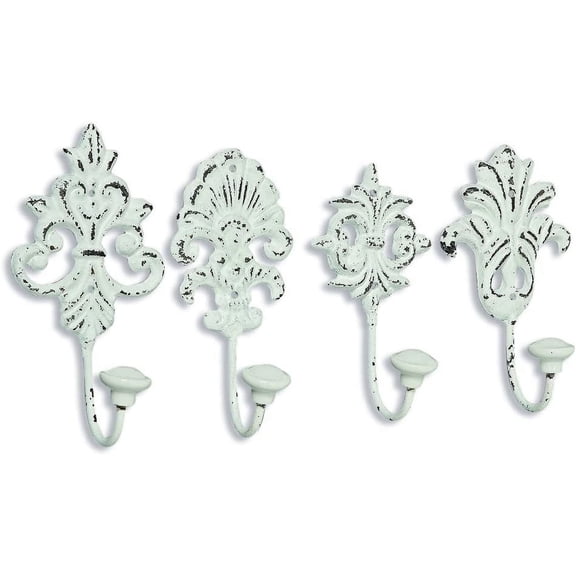 WHW French Country, Wall Hooks, Set of 4, Shabby, Rustic White, Cast Iron, Porcelain Caps, 6 inches