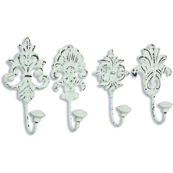 WHW French Country, Wall Hooks, Set of 4, Shabby, Rustic White, Cast Iron, Porcelain Caps, 6 inches