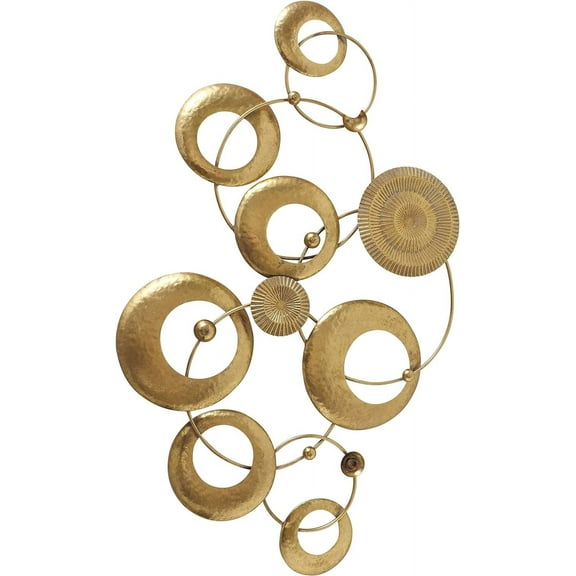 WHW Modernist Constellation Wall Sculpture, Golden Gilt, Circular Rods, Crinkle And Ruched Discs, Hand Welded and Painted, 41.25 inches